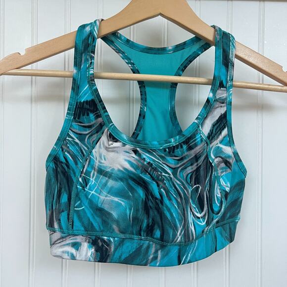 Calvin Klein Teal & White Abstract Print Racerback Sports Bra Activewear Workout - Picture 2 of 9